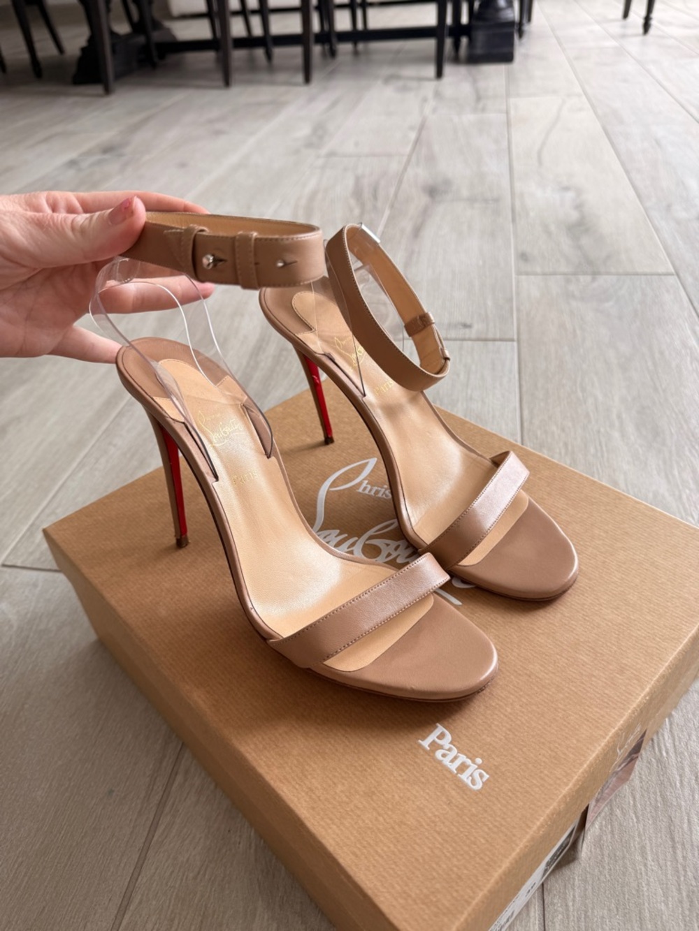 Christian Louboutin Nude Tan Ankle-Strap Stiletto Sandals with Red Soles